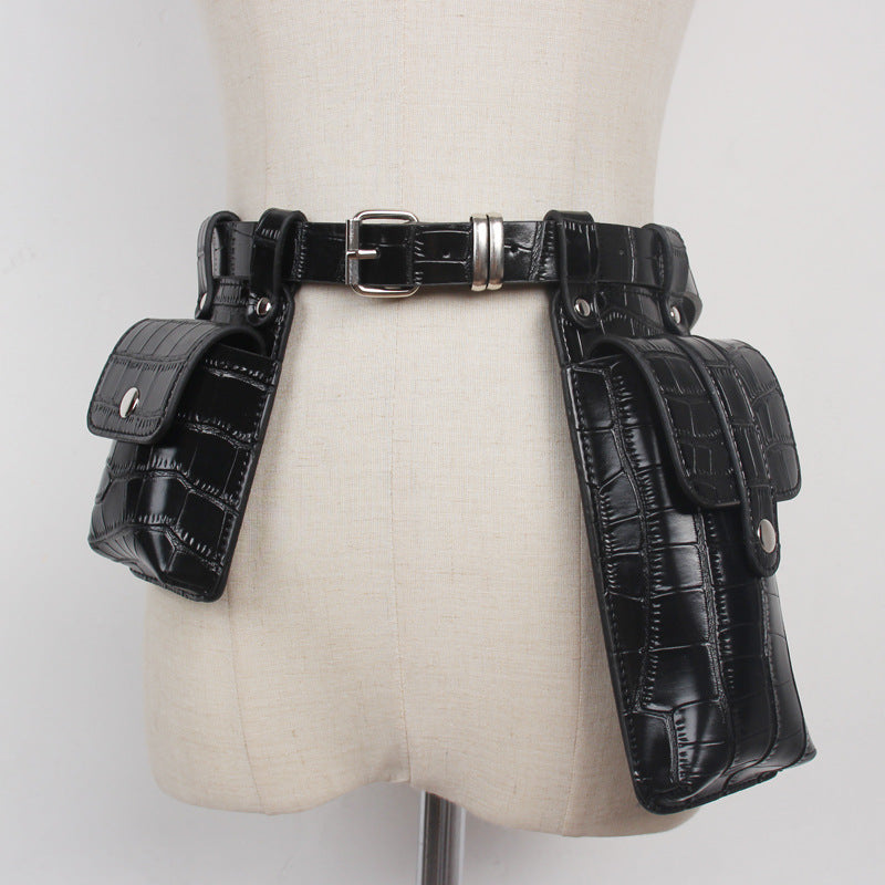 Black Croc PU Utility Belt Bag – Dual Pouch Waist Bag with Silver Hardware