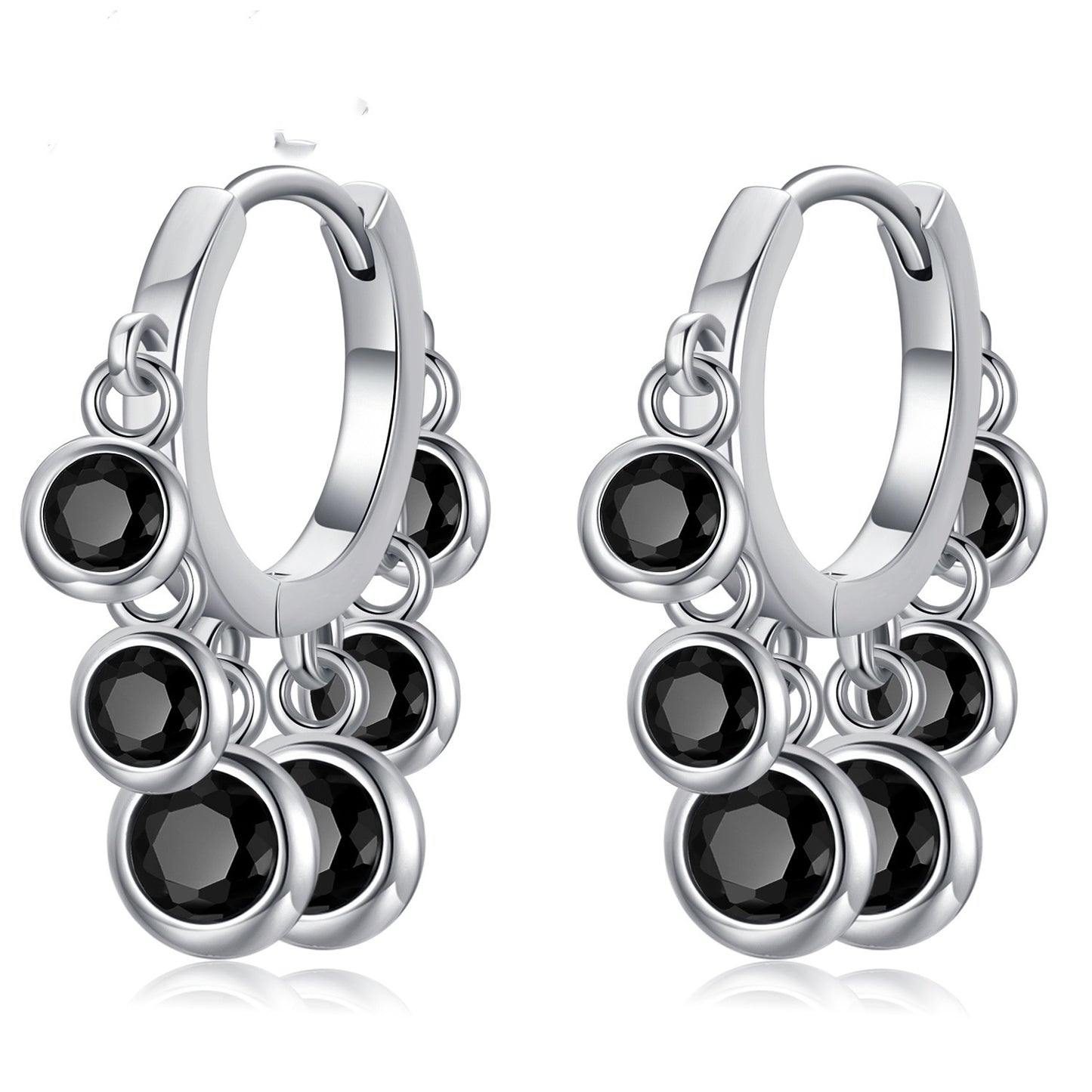 S925 Black Gem Cluster Hoop Earrings – Sterling Silver Dangle Charms (Unisex)