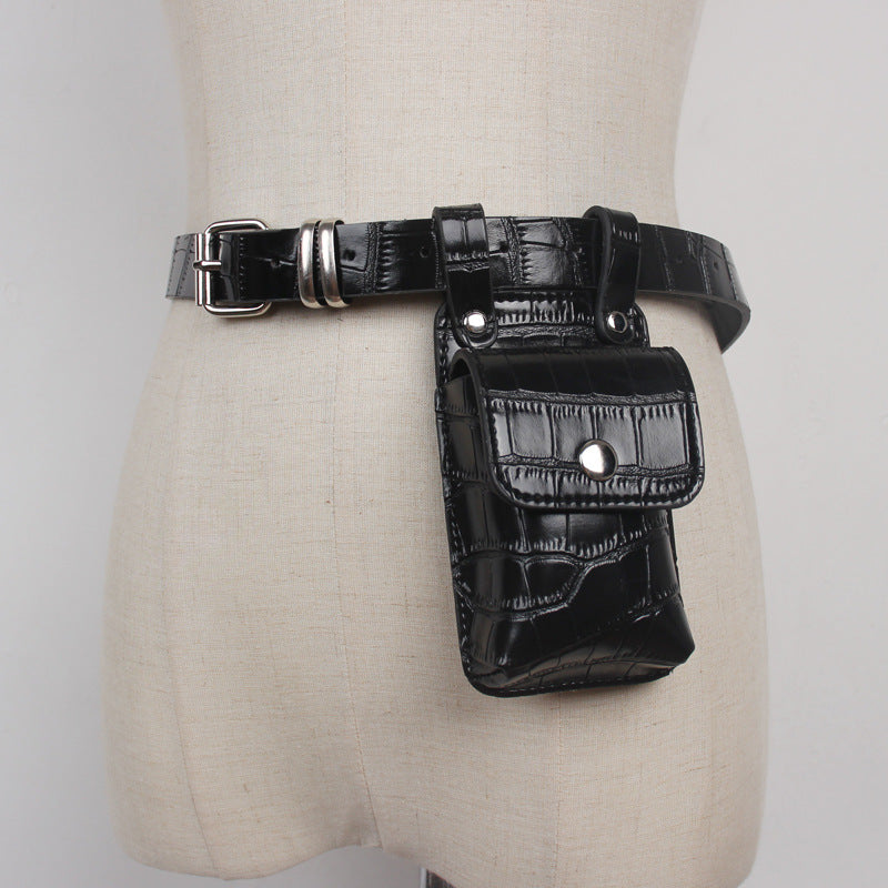 Black Croc PU Utility Belt Bag – Dual Pouch Waist Bag with Silver Hardware