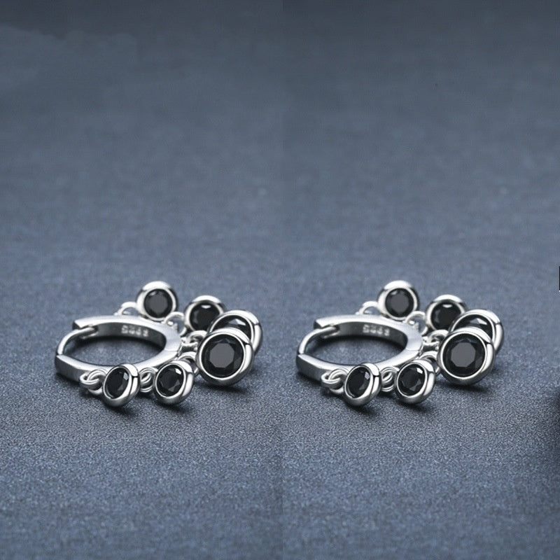 S925 Black Gem Cluster Hoop Earrings – Sterling Silver Dangle Charms (Unisex)