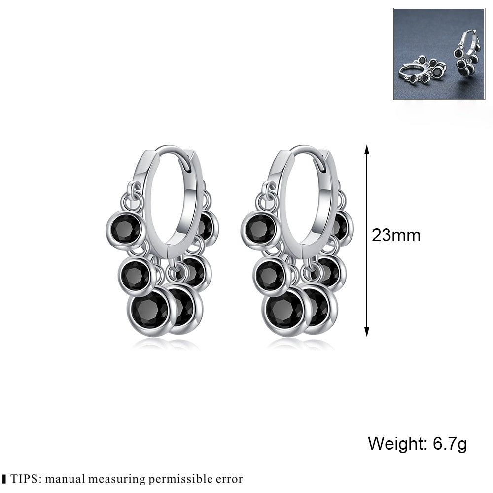S925 Black Gem Cluster Hoop Earrings – Sterling Silver Dangle Charms (Unisex)