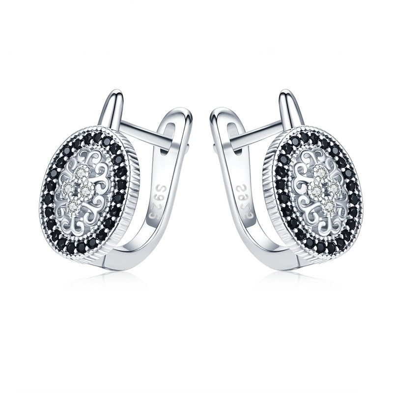 S925 Vintage Medallion Earrings – Sterling Silver Black & Clear Zircon Hoops