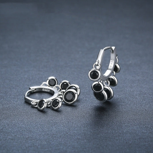 S925 Black Gem Cluster Hoop Earrings – Sterling Silver Dangle Charms (Unisex)