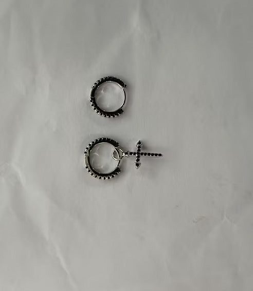 S925 Black Zircon Cross Dangle Earrings – Sterling Silver Punk Huggie Hoops (Unisex)