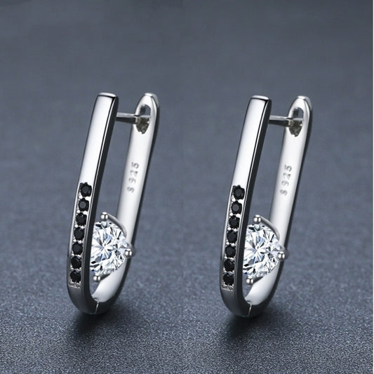 S925 Sterling Silver Earrings – Black Zircon Inlay with White Crystal Centerpiece