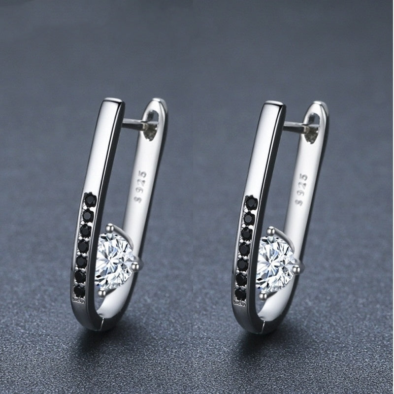 S925 Sterling Silver Earrings – Black Zircon Inlay with White Crystal Centerpiece