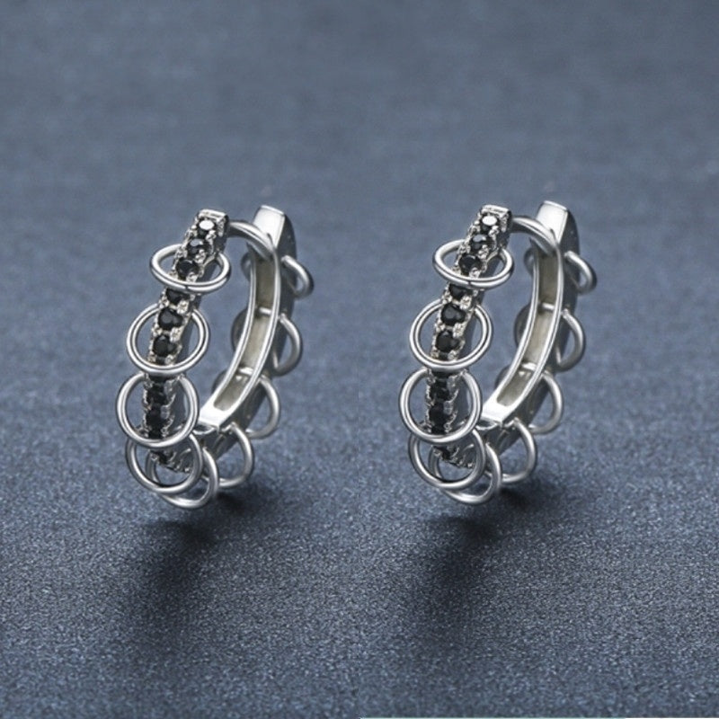 Black Zircon Hoop Earrings – Punk-Inspired Silver Ear Cuffs with Circle Loops