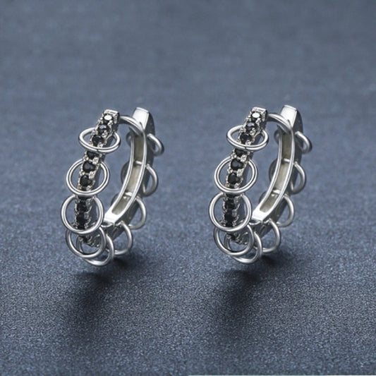 Black Zircon Hoop Earrings – Punk-Inspired Silver Ear Cuffs with Circle Loops