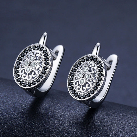 S925 Vintage Medallion Earrings – Sterling Silver Black & Clear Zircon Hoops