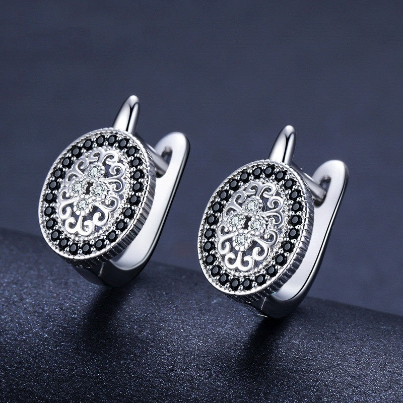 S925 Vintage Medallion Earrings – Sterling Silver Black & Clear Zircon Hoops