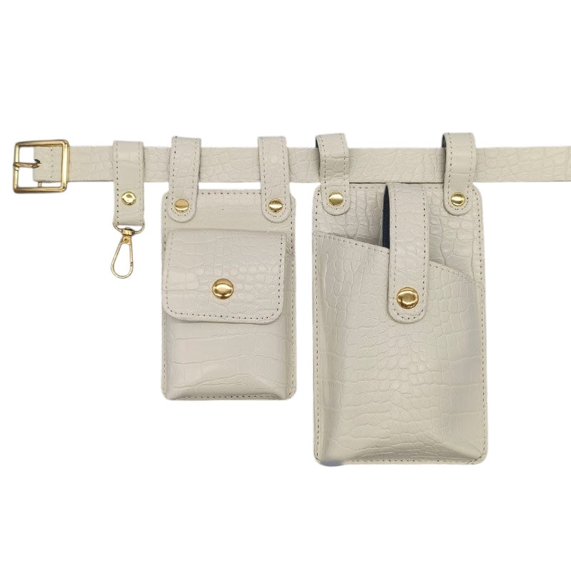 White Croc PU Leather Belt Bag – Multi-Pouch Utility Waist Bag with Gold Hardware