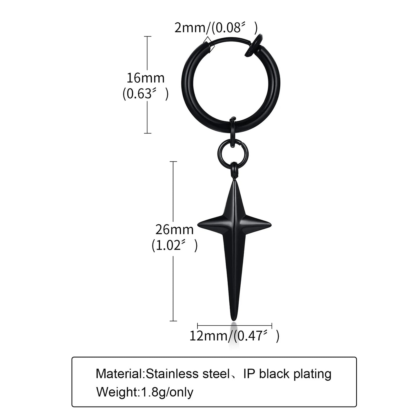 Vnox Punk Clip Earrings for Men Women, Black Stainless Steel Ear Accessory, Gothic Rock Hiphop Hoop Circle Earring 1 Piece