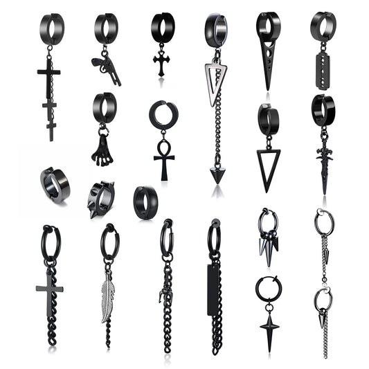 Vnox Punk Clip Earrings for Men Women, Black Stainless Steel Ear Accessory, Gothic Rock Hiphop Hoop Circle Earring 1 Piece