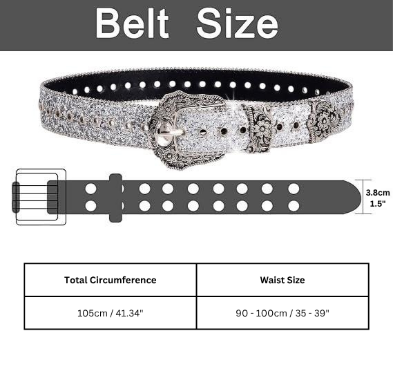 Y2K Rhinestone Western Belt – Unisex Vintage Cowboy Shiny Carved Buckle