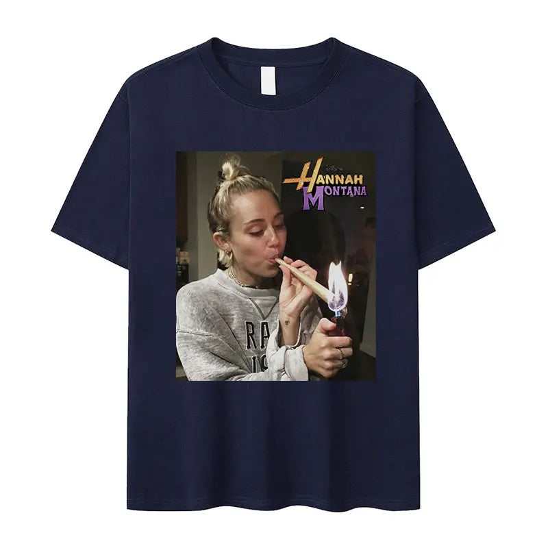 Miley Cyrus Funny Smoking T Shirt Hannah Montana Aesthetic Vintage T-shirt Men Women Summer Oversized Cotton Tshirt Tops Clothes