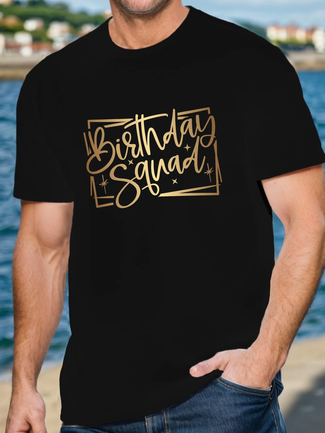 BIRTHDAY SQUAD Men's Black T-Shirt with Golden Cursive Print - Casual Polyester Short Sleeve Top