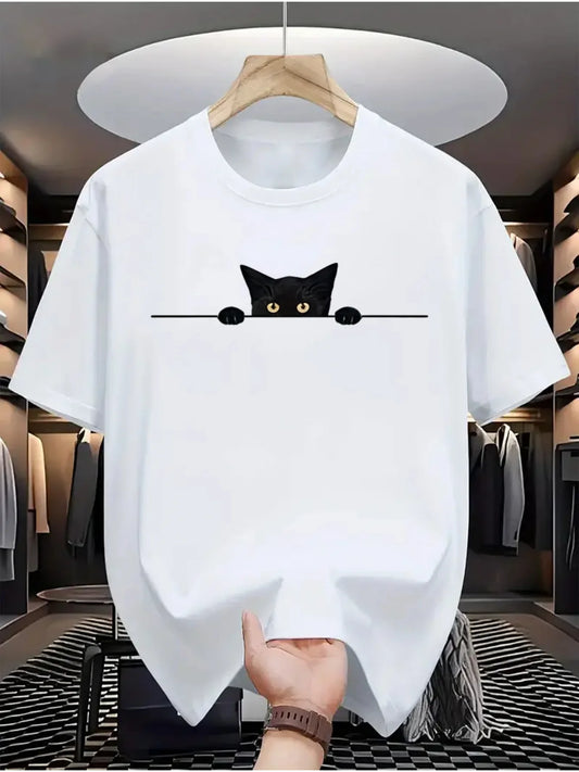 Men's 100% Cotton Casual T-Shirt with Cute Black Cat Graphic Print, Crew Neck, Short Sleeve, Summer Fashion Tee for Everyday