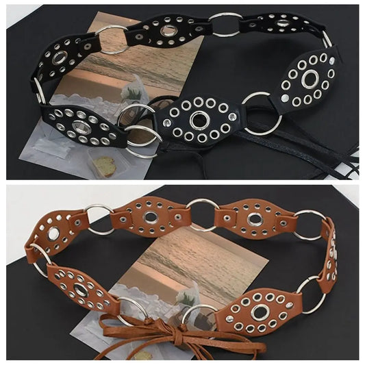 Vintage Metal Rivet Belt Hollow Ring Baroque Style Western Cowgirl Belt Y2K Korean Style Women Waistband Women