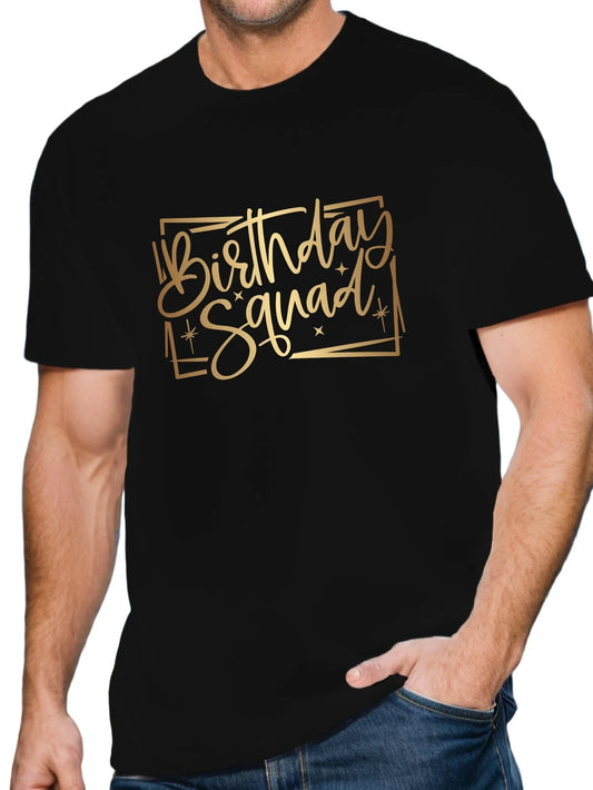 BIRTHDAY SQUAD Men's Black T-Shirt with Golden Cursive Print - Casual Polyester Short Sleeve Top