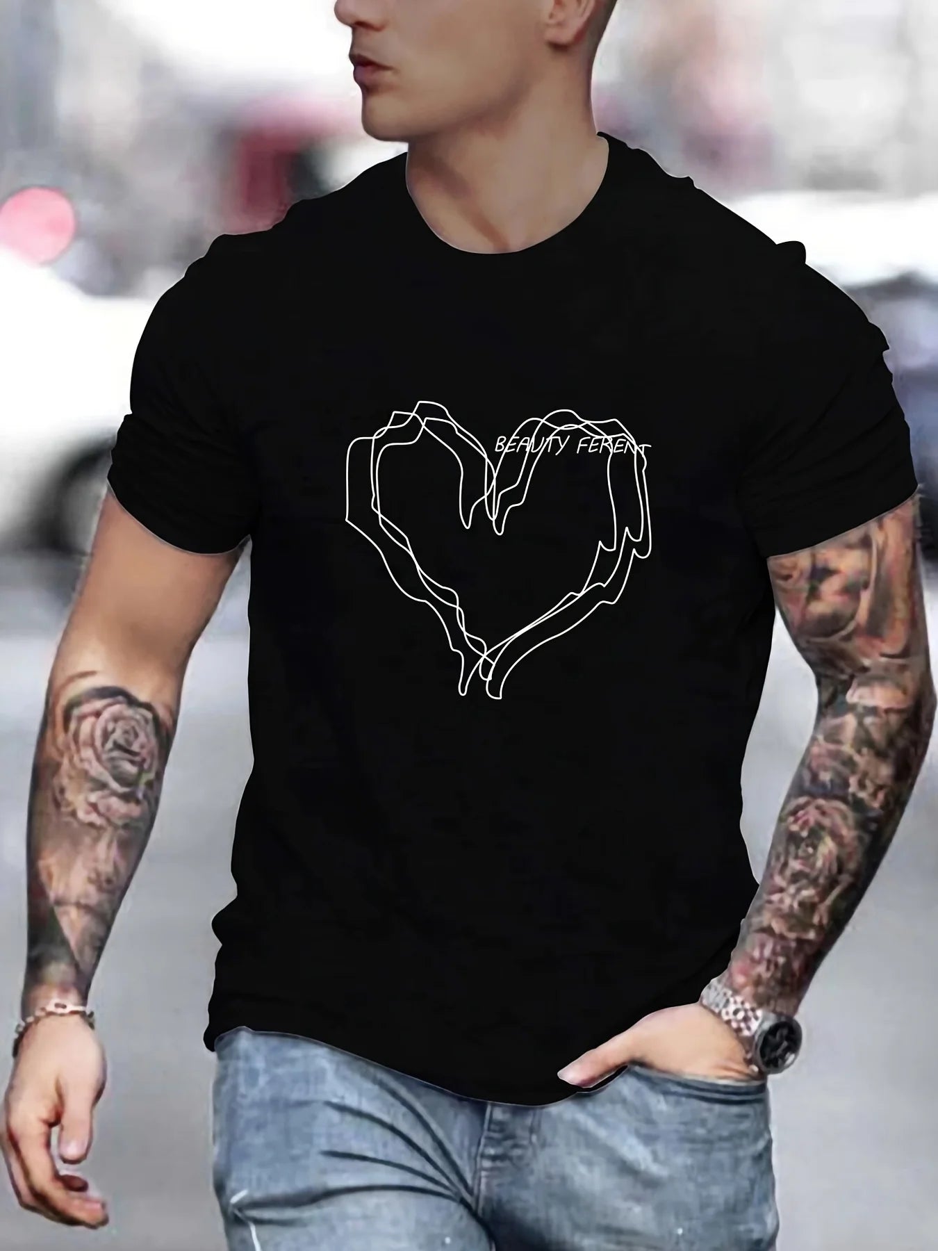 Men's Love Tee - Casual Black T-Shirt with Heart-Shaped Hands Graphic, Short Sleeve, Polyester & Spandex Blend