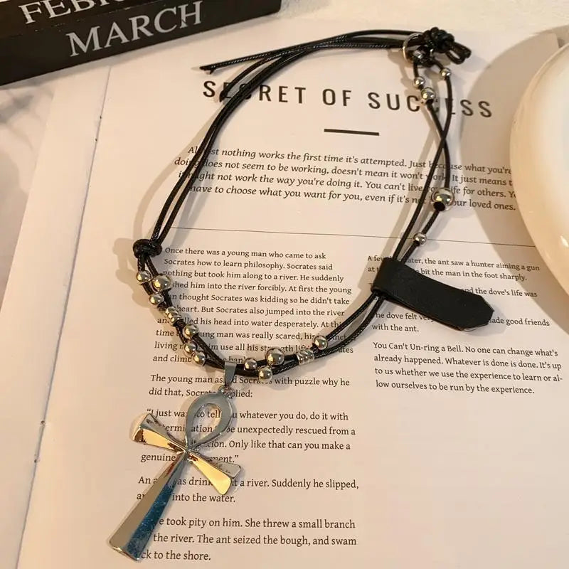 Y2K Retro Metal Cross Pendant Necklaces for Women Girls Punk Gothic Black Rope Long Sweater Chain Necklace Jewelry Party Gifts