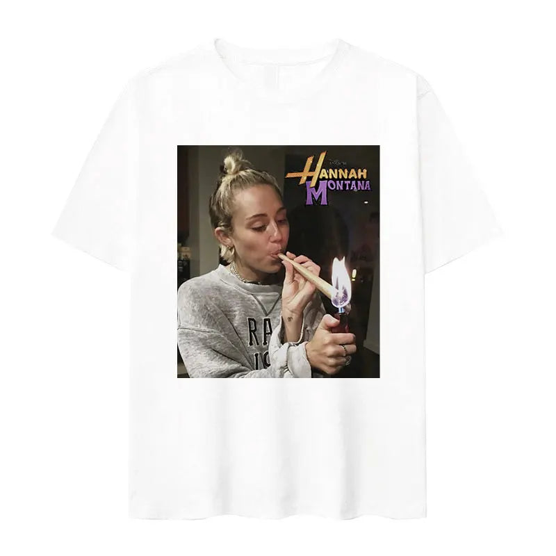 Miley Cyrus Funny Smoking T Shirt Hannah Montana Aesthetic Vintage T-shirt Men Women Summer Oversized Cotton Tshirt Tops Clothes
