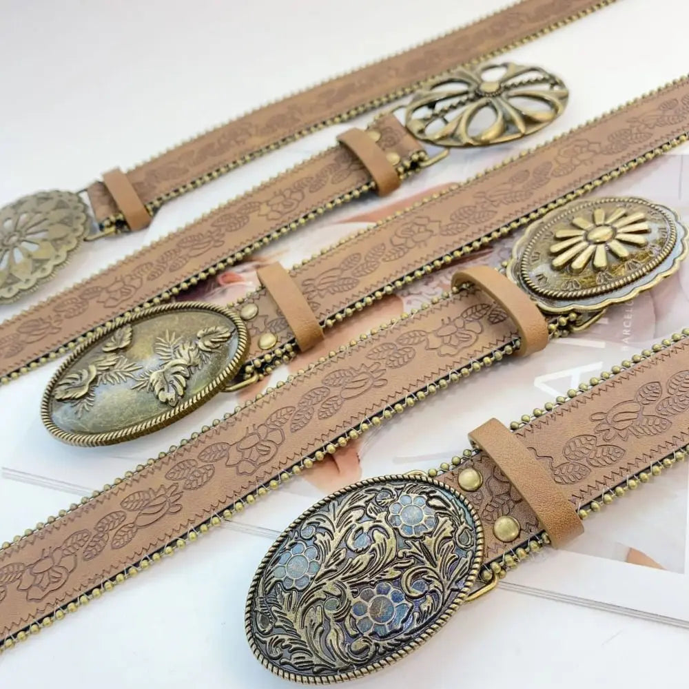 Fashion Adjustable Women Belt Vintage PU Leather Cowboy Belt Engraved-Buckle Boho Western Belt for Jeans Pants Dresses