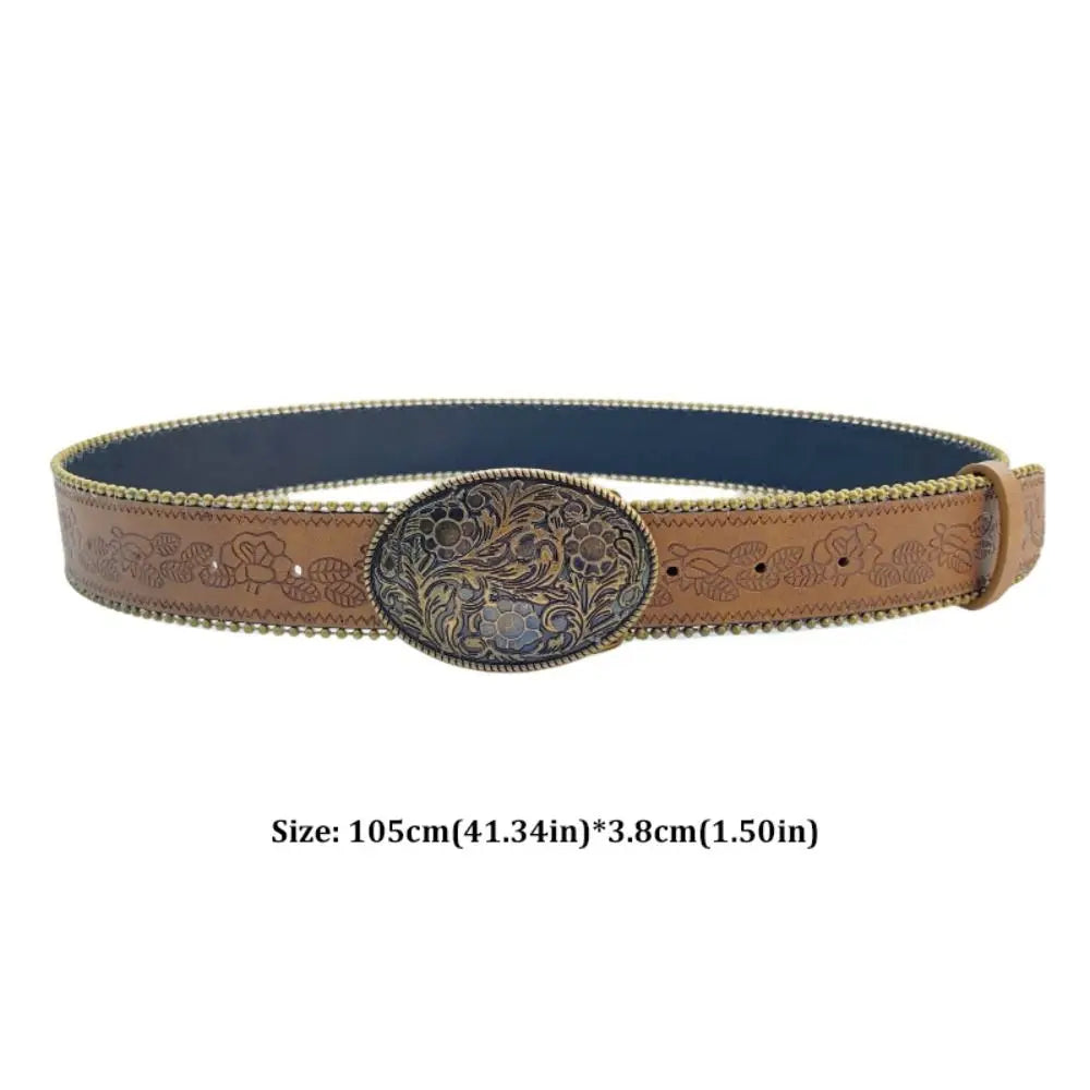 Fashion Adjustable Women Belt Vintage PU Leather Cowboy Belt Engraved-Buckle Boho Western Belt for Jeans Pants Dresses