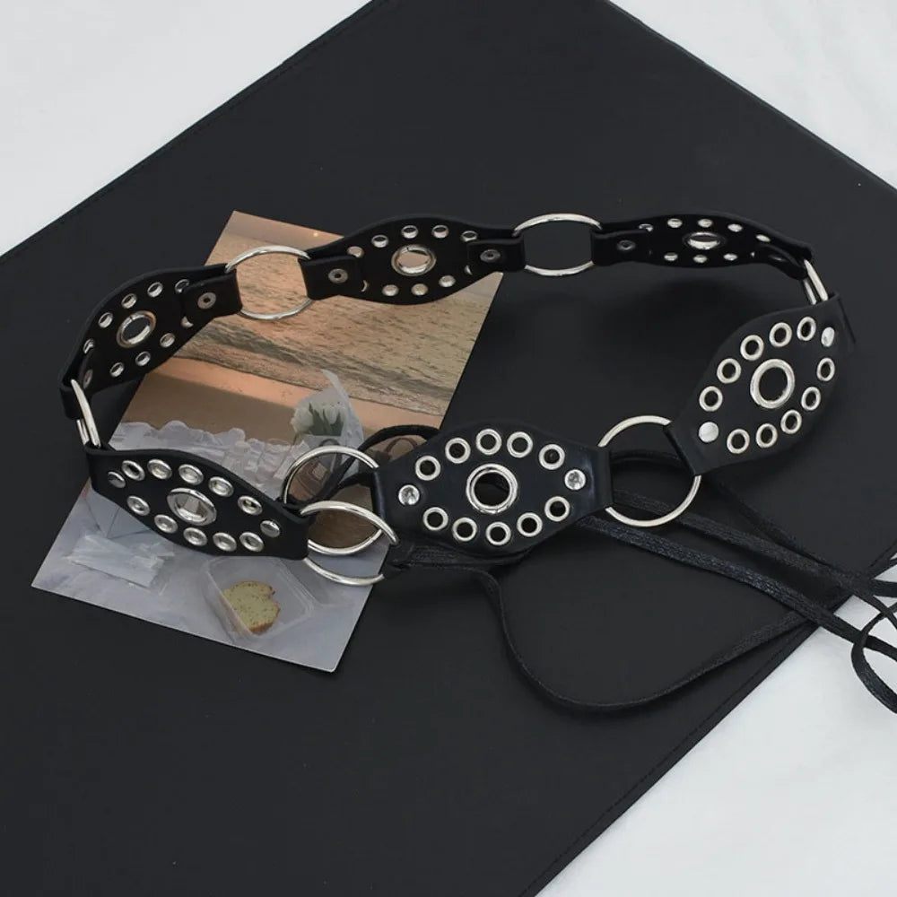 Vintage Metal Rivet Belt Hollow Ring Baroque Style Western Cowgirl Belt Y2K Korean Style Women Waistband Women