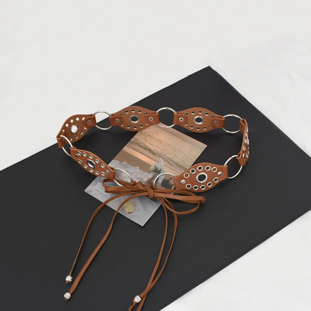 Vintage Metal Rivet Belt Hollow Ring Baroque Style Western Cowgirl Belt Y2K Korean Style Women Waistband Women