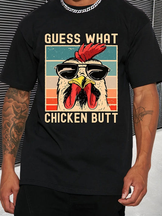Men's "Guess What Chicken Butt" Graphic T-Shirt - Funny Casual Short Sleeve Summer Tee, Black with Colorful Rooster Design