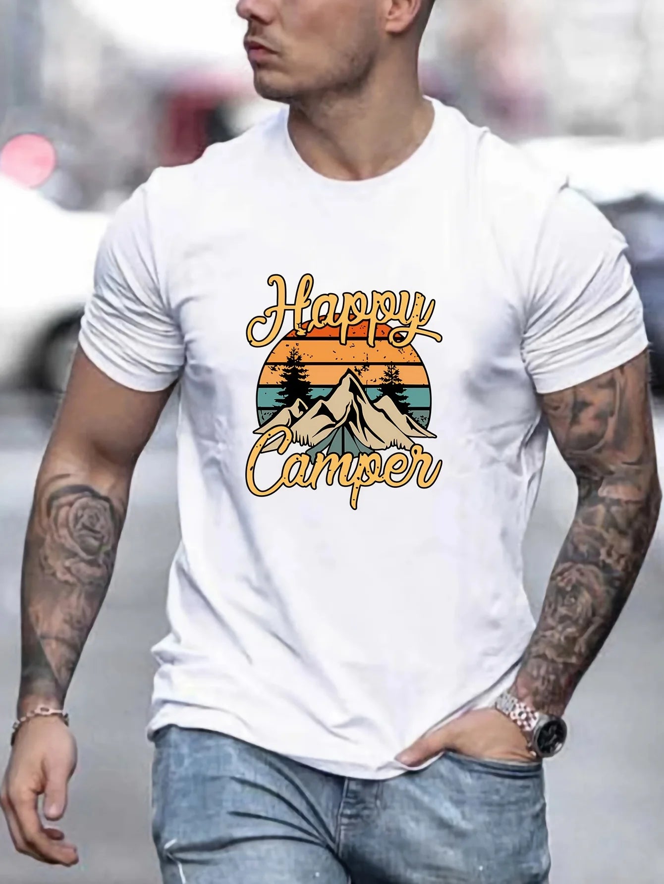 Happy Camper" Men's T-Shirt - Casual, Breathable Polyester Blend, Stretch Fit with Elastane, Machine Washable