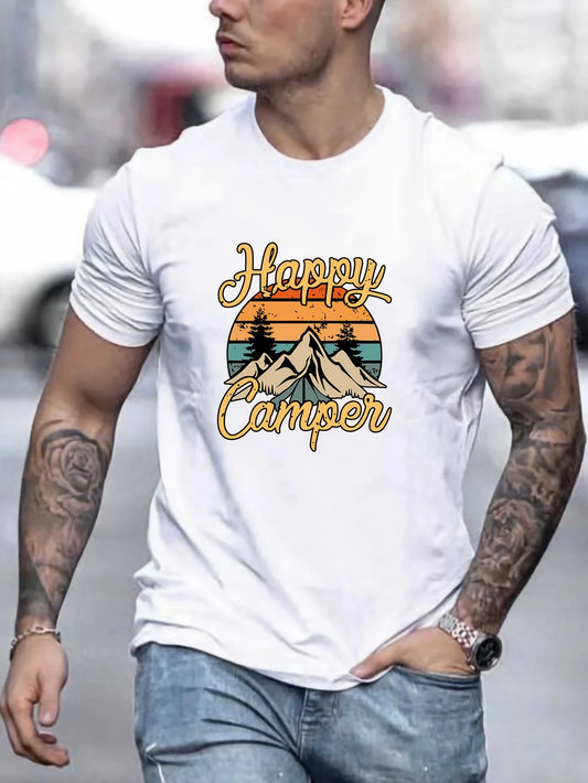 Happy Camper" Men's T-Shirt - Casual, Breathable Polyester Blend, Stretch Fit with Elastane, Machine Washable