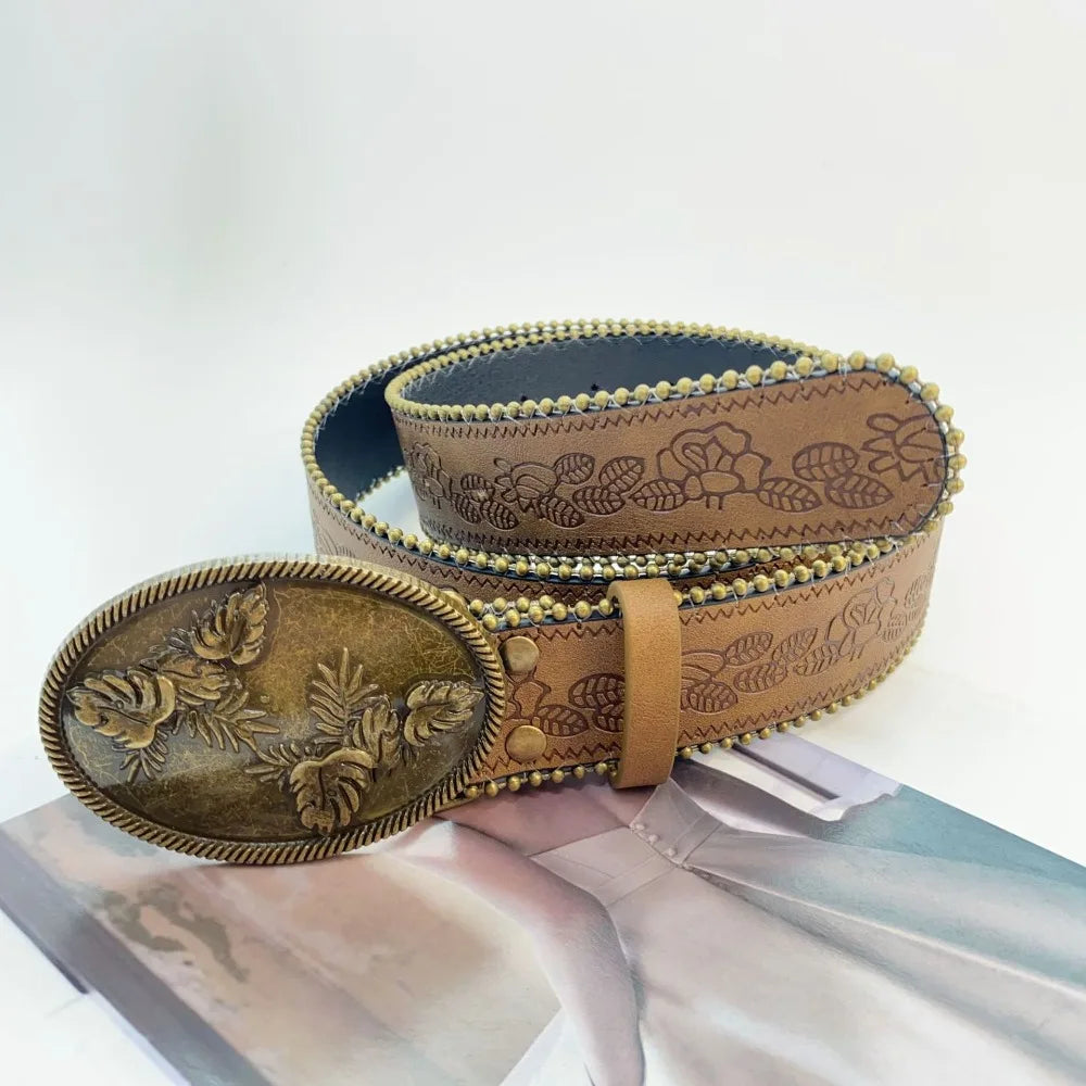 Fashion Adjustable Women Belt Vintage PU Leather Cowboy Belt Engraved-Buckle Boho Western Belt for Jeans Pants Dresses