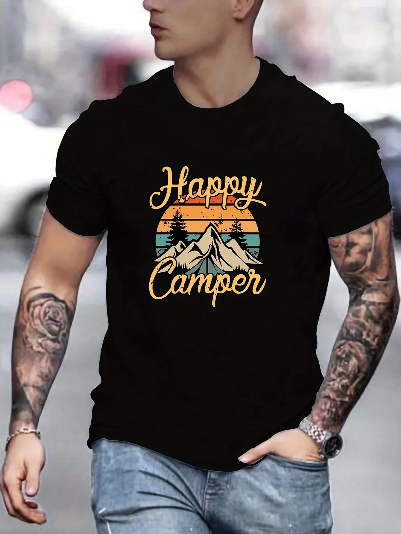 Happy Camper" Men's T-Shirt - Casual, Breathable Polyester Blend, Stretch Fit with Elastane, Machine Washable