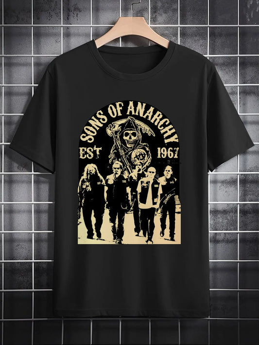 Men's Casual Crew Neck T-Shirt with "Sons of Anarchy" 3D Graphic Print – Black Polyester Summer Tee