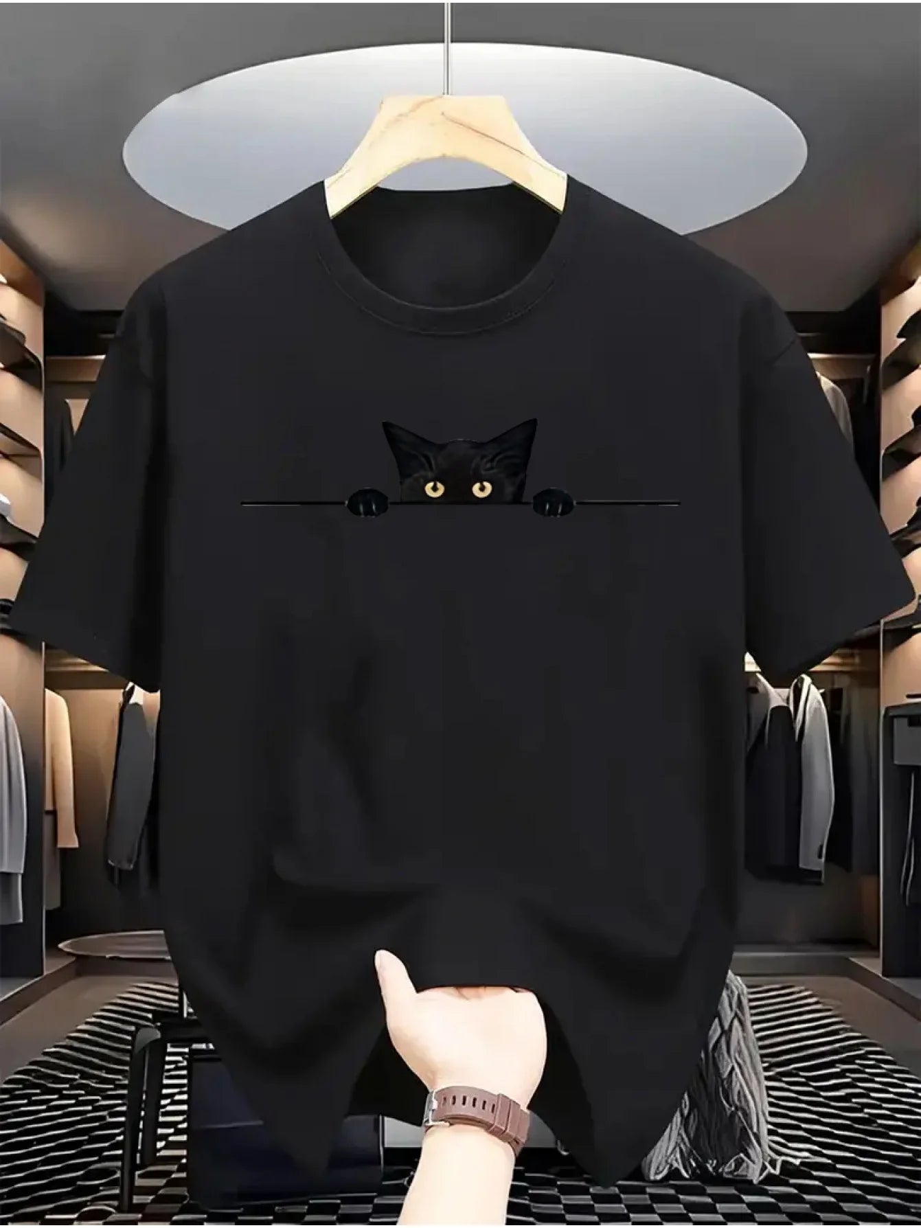 Men's 100% Cotton Casual T-Shirt with Cute Black Cat Graphic Print, Crew Neck, Short Sleeve, Summer Fashion Tee for Everyday