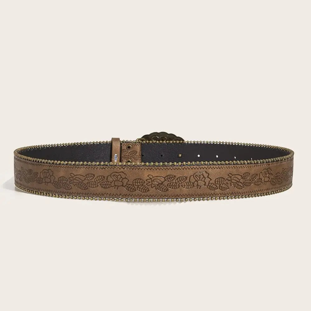 Fashion Adjustable Women Belt Vintage PU Leather Cowboy Belt Engraved-Buckle Boho Western Belt for Jeans Pants Dresses