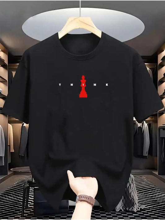 Men's 100% Cotton Casual T-Shirt with Unique Chess Piece Design, Crew Neck, Short Sleeve, Regular Fit, for Daily