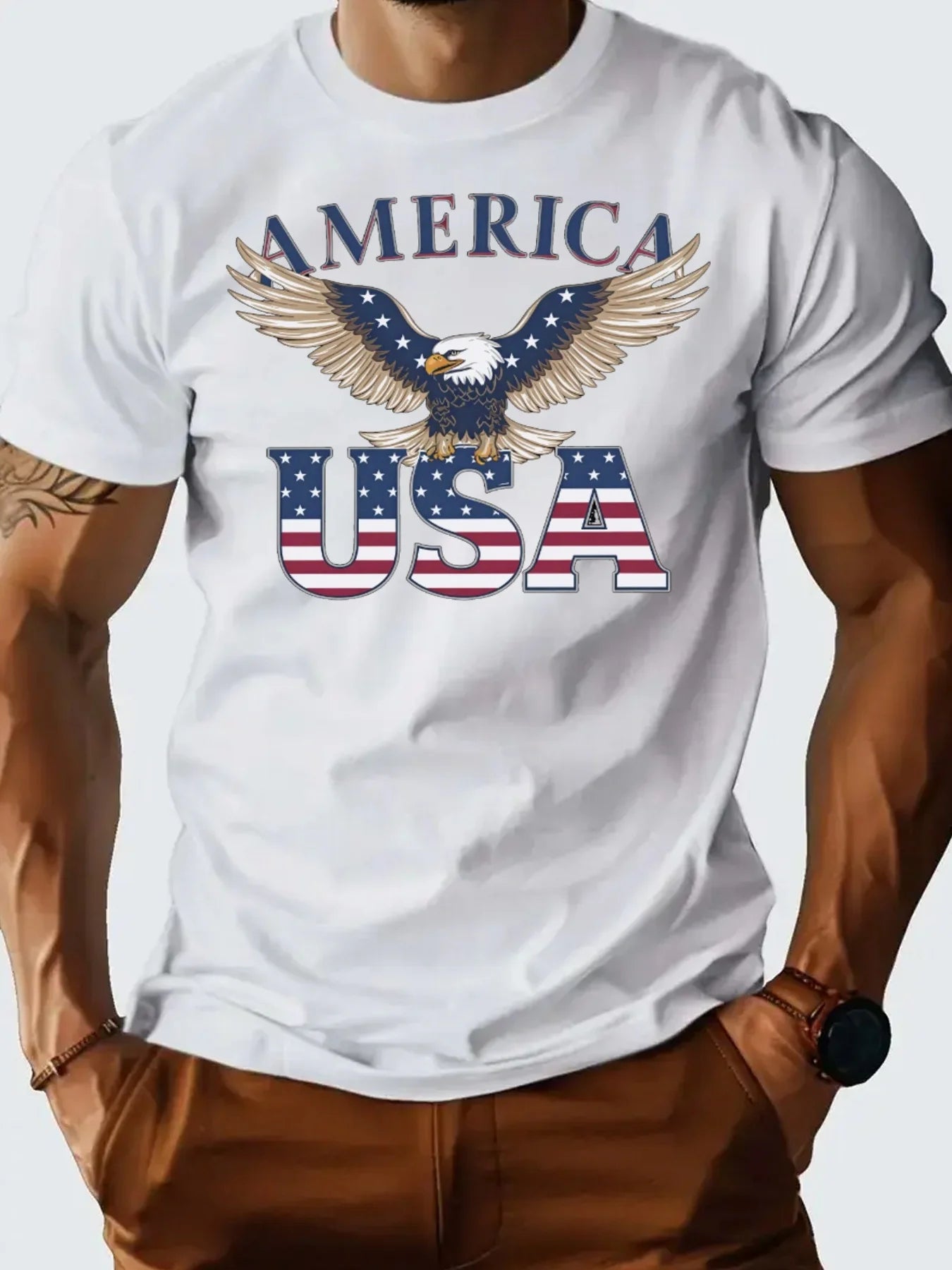Men's 100% Cotton USA Eagle Graphic T-Shirt - Patriotic White Short Sleeve Tee with American Flag Design