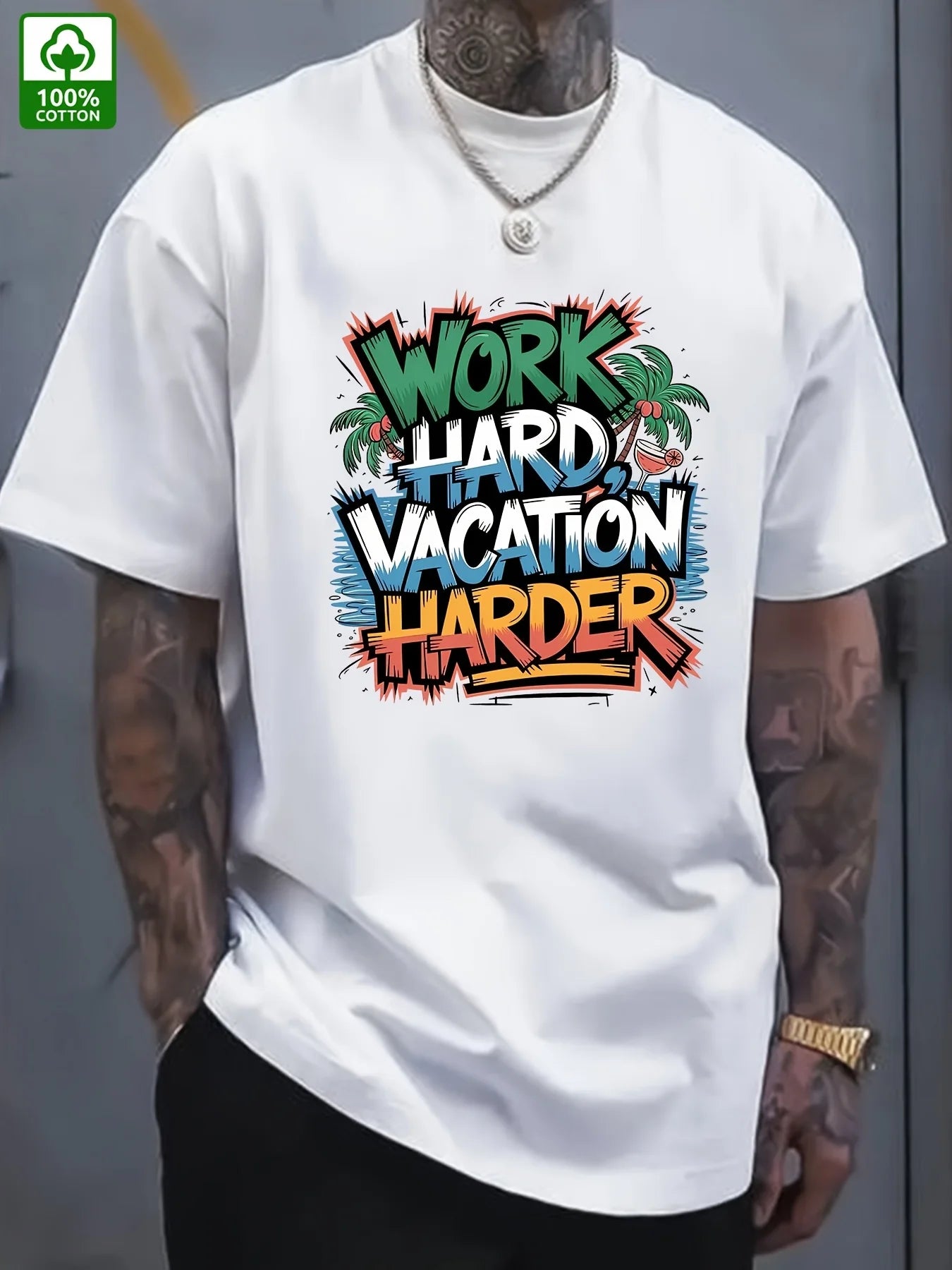 Summer Trend Men's Pure Cotton T-Shirt, Casual Front Pattern Printing, Outdoor Wear Men'S Fashion Pure Cotton T-Shirt