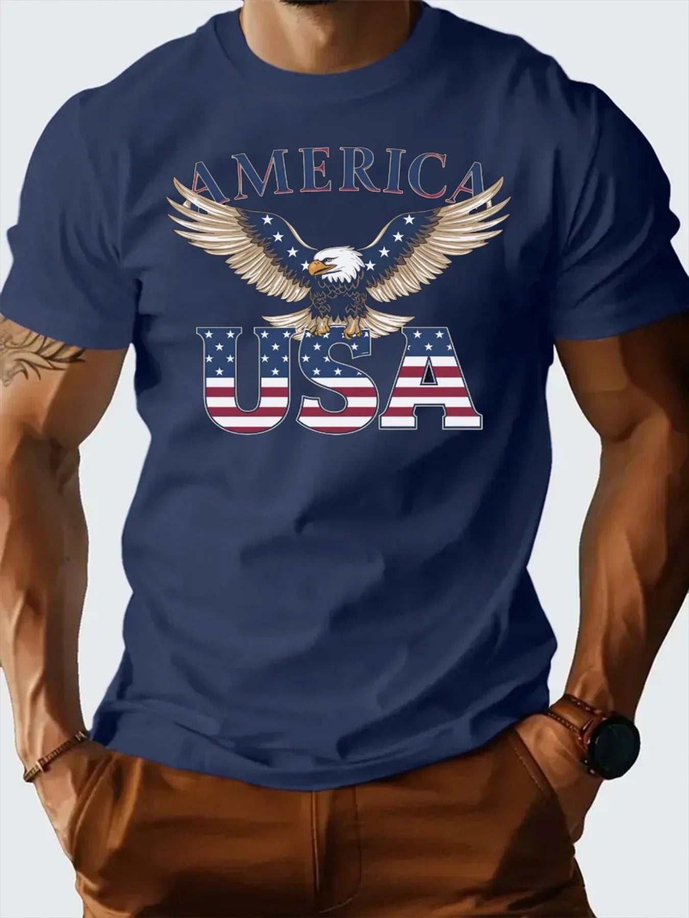 Men's 100% Cotton USA Eagle Graphic T-Shirt - Patriotic White Short Sleeve Tee with American Flag Design