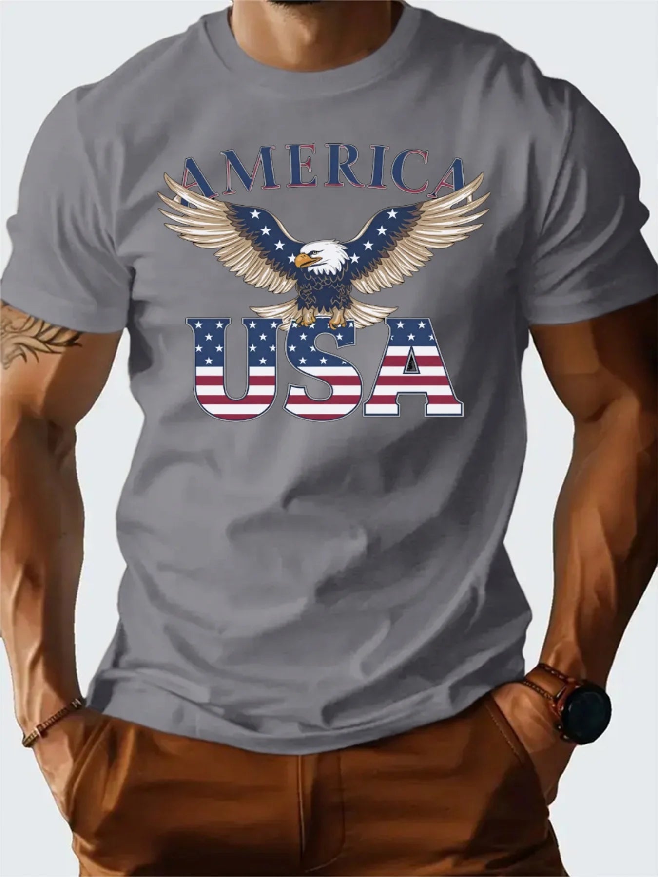 Men's 100% Cotton USA Eagle Graphic T-Shirt - Patriotic White Short Sleeve Tee with American Flag Design