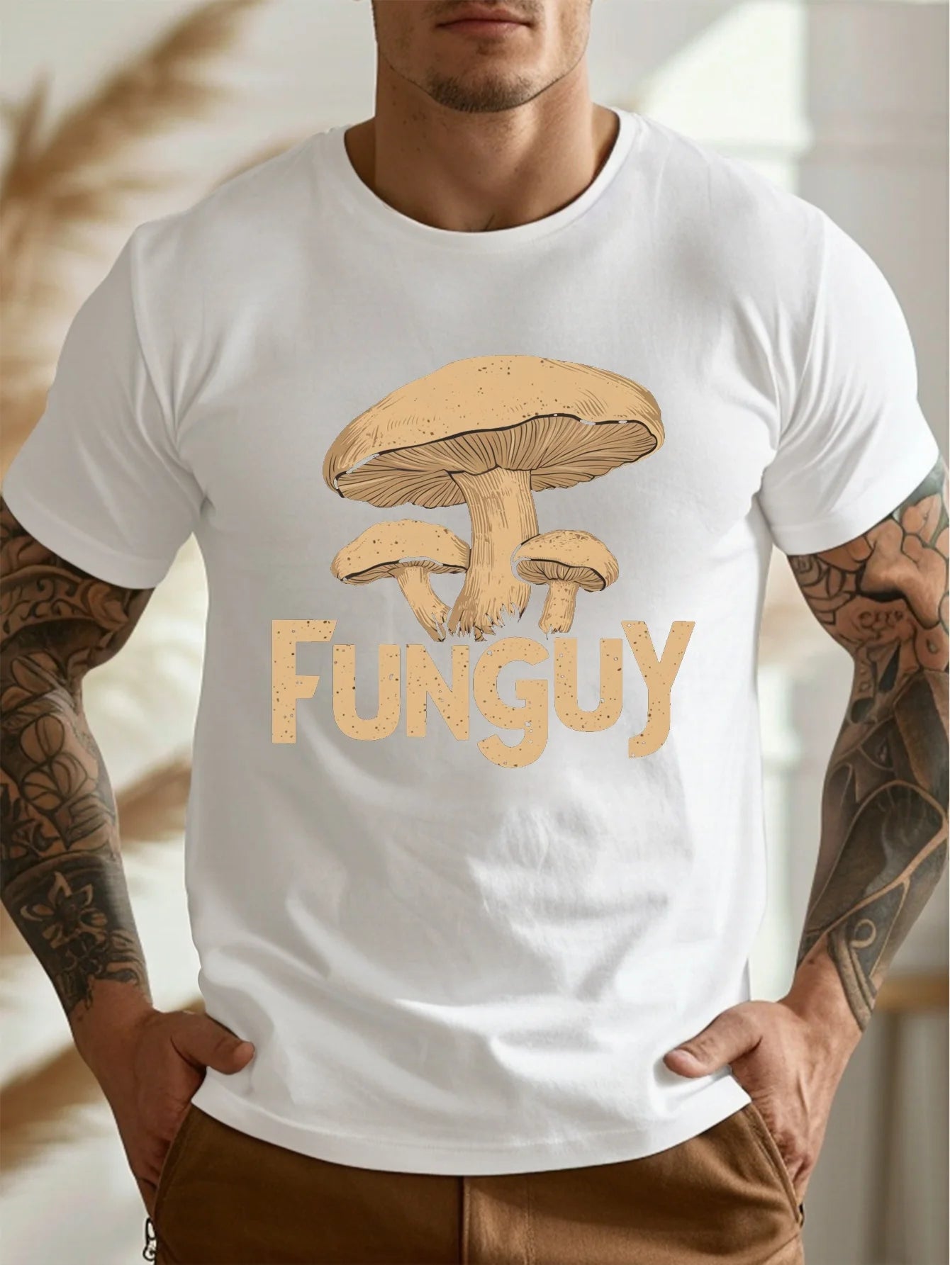 Funguy Mushroom Print Tee - Summer Lightweight Men's  Print T-Shirt - Casual Crew Neck Short Sleeve Top