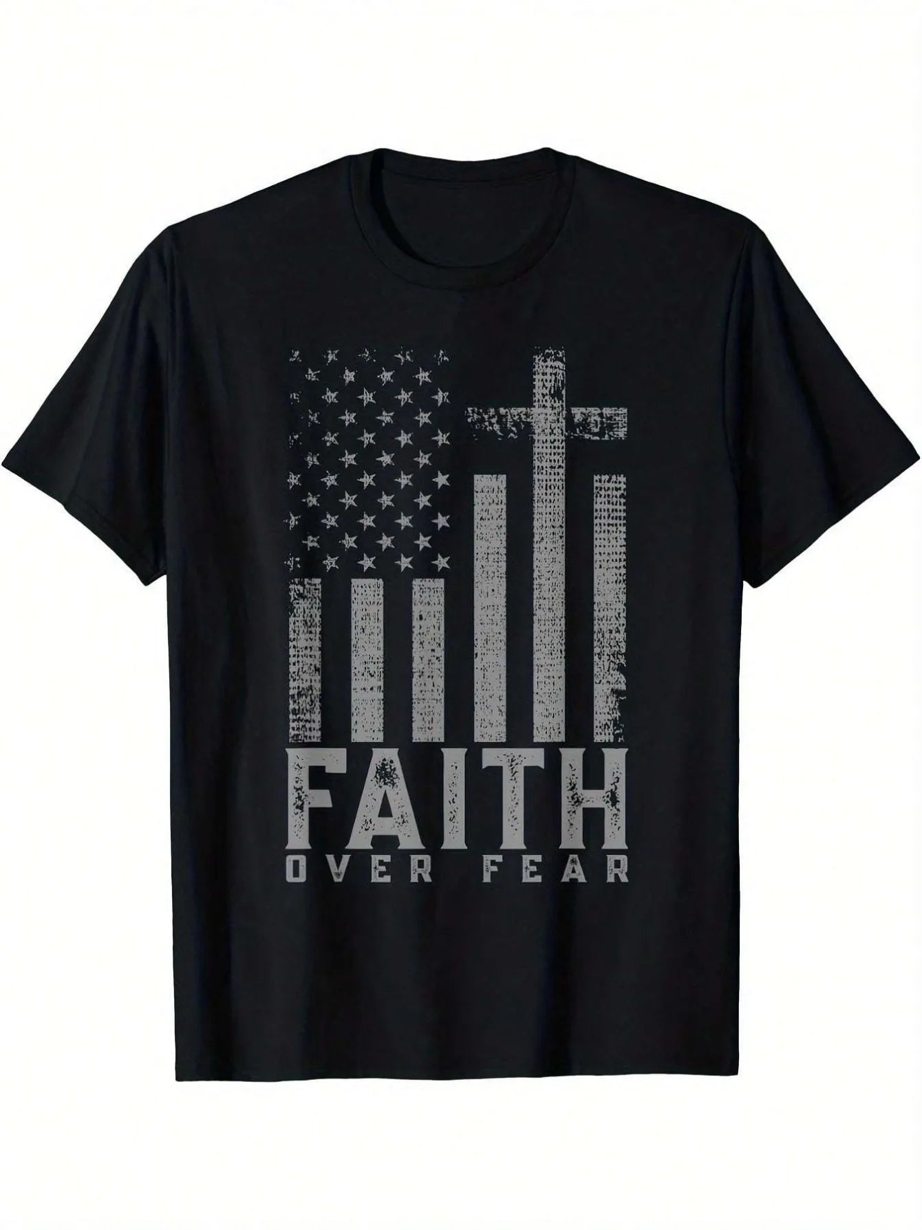 1pc Faith Over Fear American Flag Men's T-Shirt - 100% Cotton Crew Neck Short Sleeve, Regular Fit 180gsm