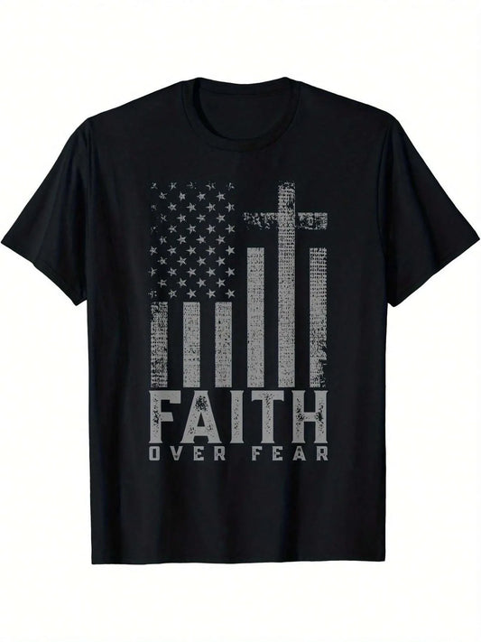 1pc Faith Over Fear American Flag Men's T-Shirt - 100% Cotton Crew Neck Short Sleeve, Regular Fit 180gsm