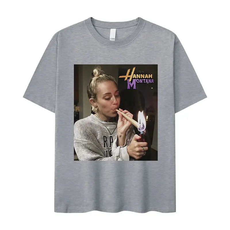 Miley Cyrus Funny Smoking T Shirt Hannah Montana Aesthetic Vintage T-shirt Men Women Summer Oversized Cotton Tshirt Tops Clothes