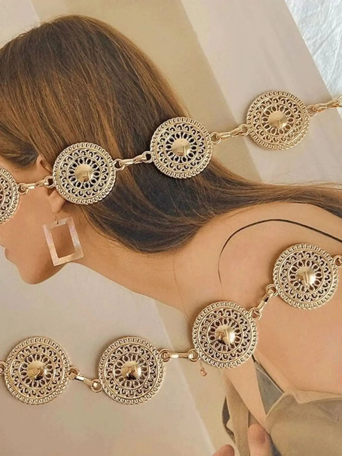 Women Steampunk Hollow Out Circle Shaped Waist Chain For Women, Design Artistic Alloy Belt For Dress, Elegant And Trendy Boho