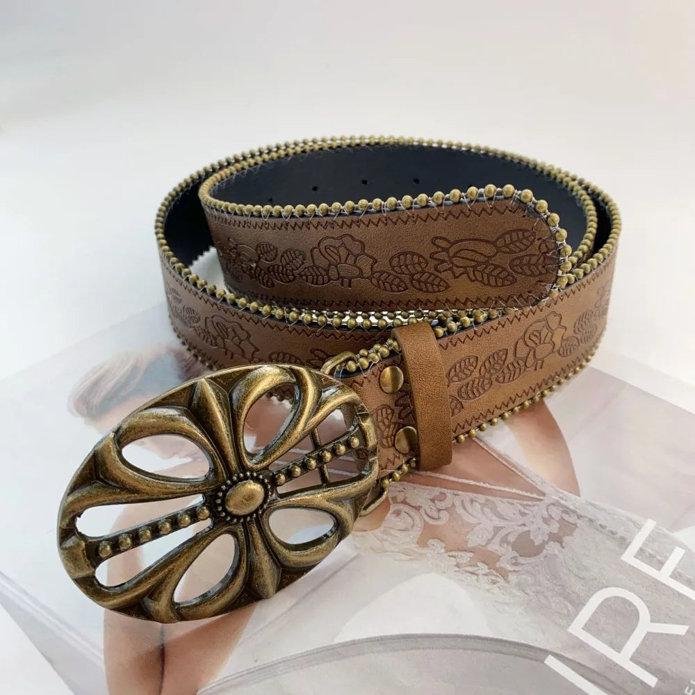 Fashion Adjustable Women Belt Vintage PU Leather Cowboy Belt Engraved-Buckle Boho Western Belt for Jeans Pants Dresses