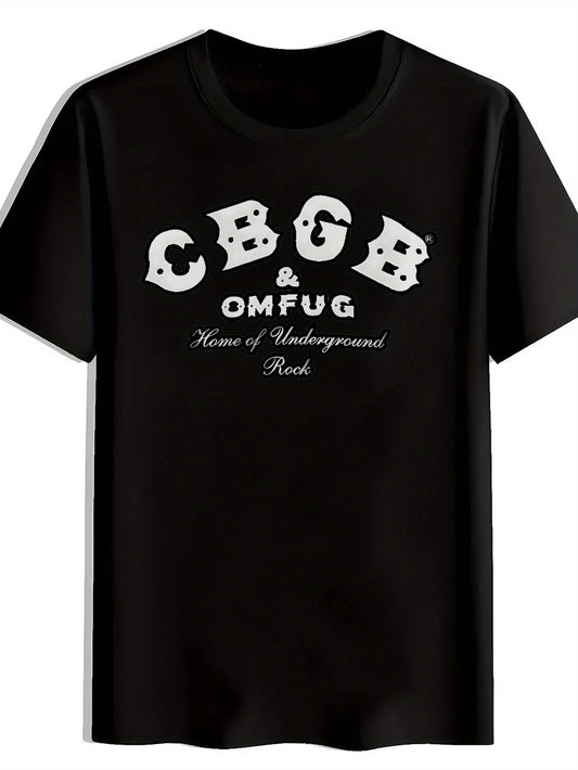 Men's Vintage Rock Band Graphic T-Shirt - CBGB & HOM OF UNDERGROUND ROCK Print, Black Short Sleeve Round Neck Casual Tee